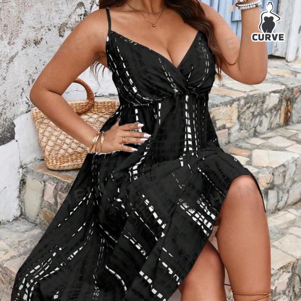 SHEIN Black Spaghetti Strap Midi Dress with White Grid Print